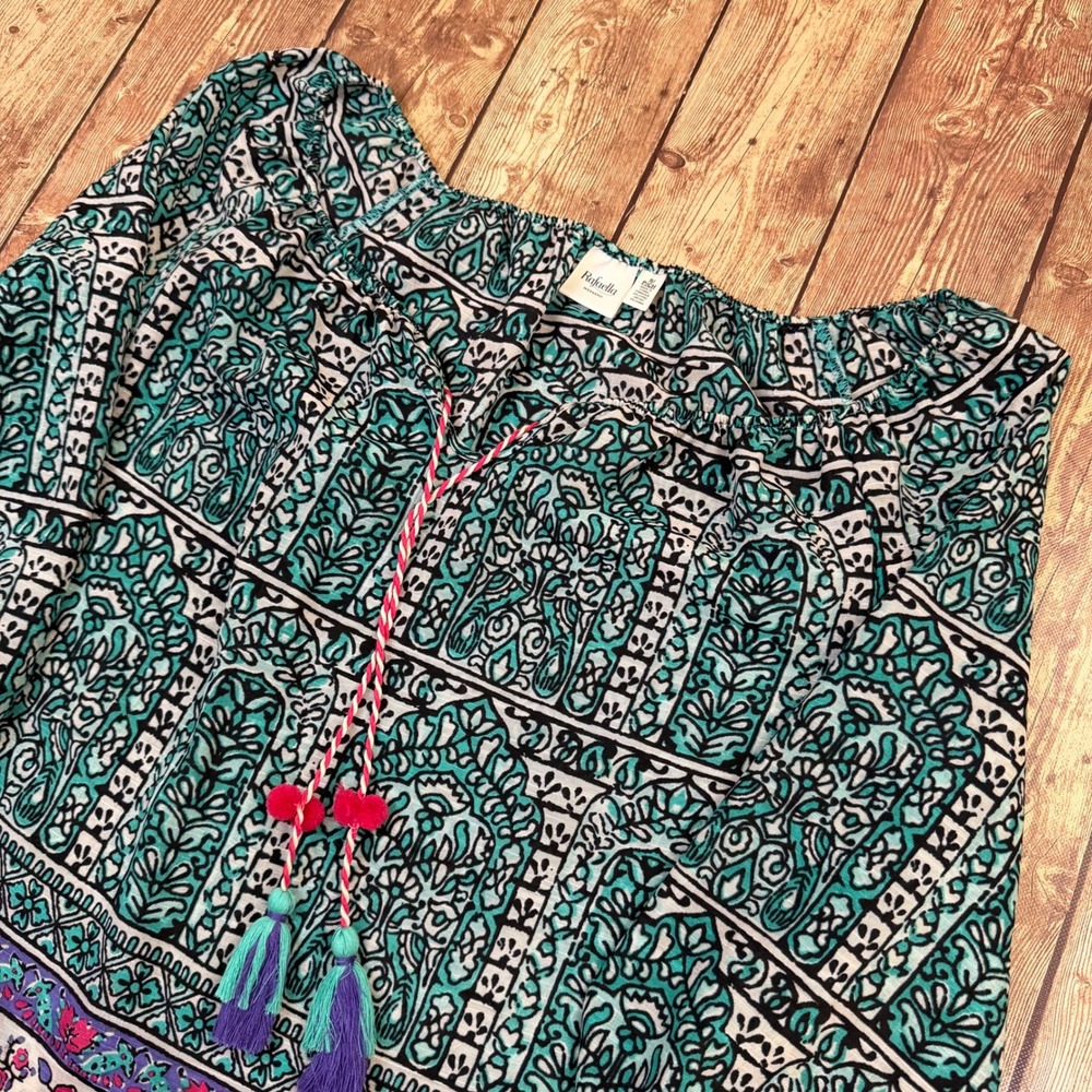 Rafaella Weekend Peasant Blouse Womens Small Teal Elephant Print Tassels